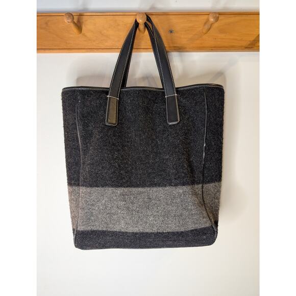 Vintage Coach Gray Black Wool Felt Leather Tote Bag Colorblock Fall Winter - Picture 2 of 7
